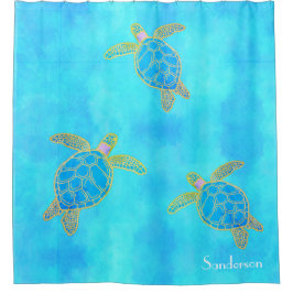 トロピカルウォーターカラーコースタルタートルアクアブルー シャワーカーテン