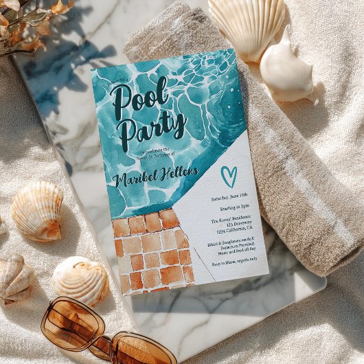 トロピカルウォーターカラースイート16プールパーティー誕生日 招待状