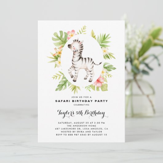 トロピカルウォーターカラーゼブラサファリ子供の誕生日 招待状 (スタンド正面)