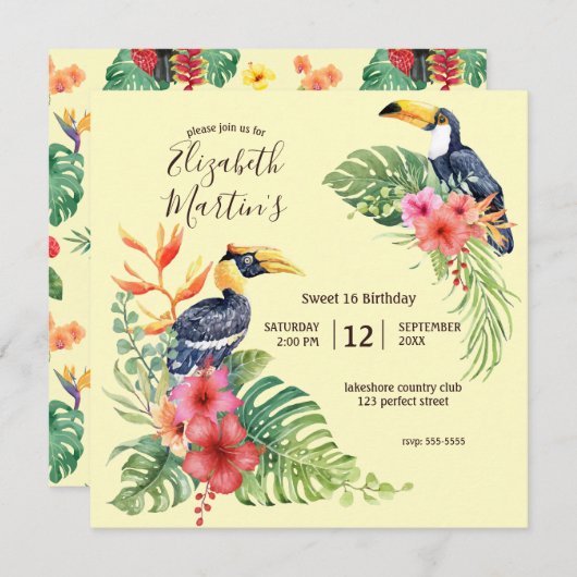 トロピカルウォーターカラートゥーカン&ハイビスカス誕生日 招待状 (正面/裏面)