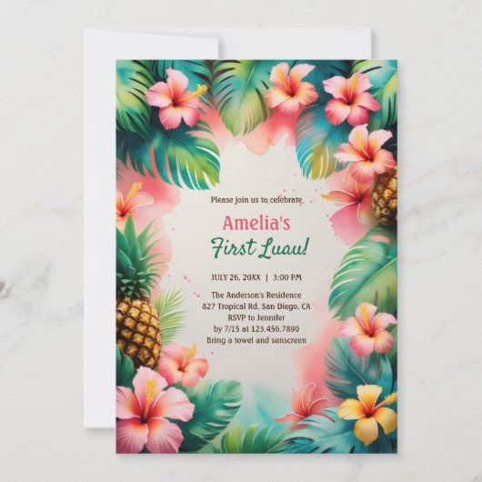 トロピカルウォーターカラーハワイアンファーストルアウ(ハワイ式宴会)誕生日 招待状 (正面)