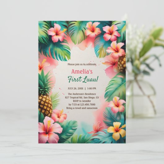 トロピカルウォーターカラーハワイアンファーストルアウ(ハワイ式宴会)誕生日 招待状 (スタンド正面)