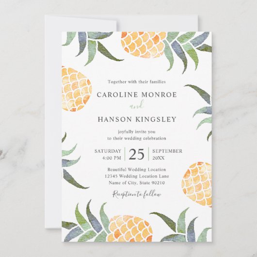 トロピカルウォーターカラーパイナップルサマービーチ結婚式 招待状 (正面)