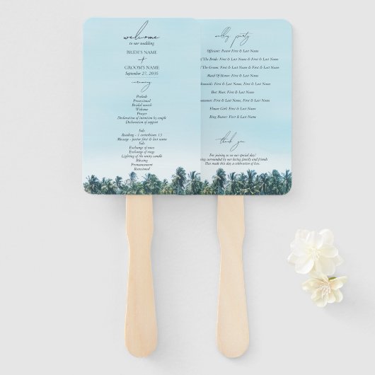 トロピカルウォーターカラーパームズビーチ結婚式プログラム ハンドファン (正面&裏面)