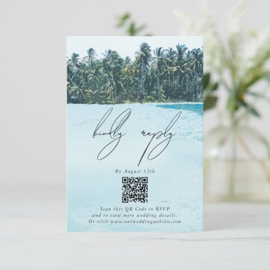 トロピカルウォーターカラーパームズ&ビーチ結婚式 エンクロージャーカード (スタンド正面)