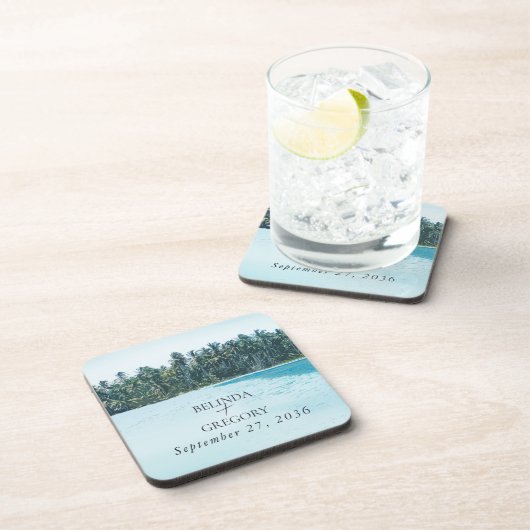 トロピカルウォーターカラーパームズ&ビーチ結婚式 コースター (右側)