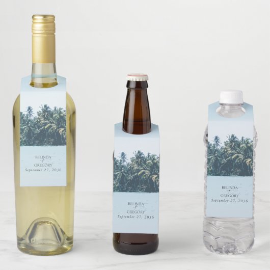トロピカルウォーターカラーパームズ&ビーチ結婚式 ボトルネックタグ (インサイチュ)