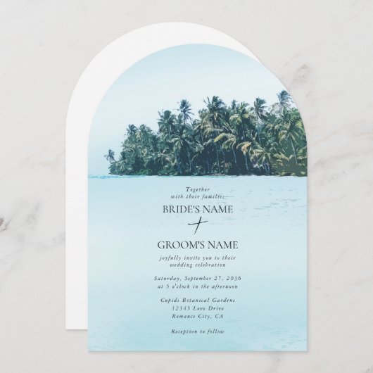 トロピカルウォーターカラーパームズ&ビーチ結婚式 招待状 (正面/裏面)