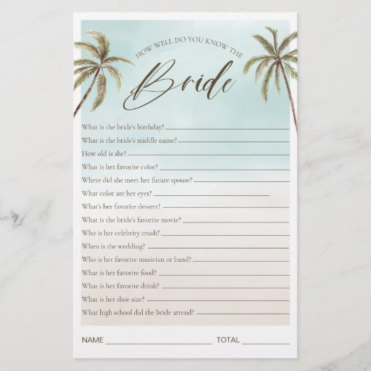 トロピカルウォーターカラーパームツリーブライダルシャワーゲーム (正面)