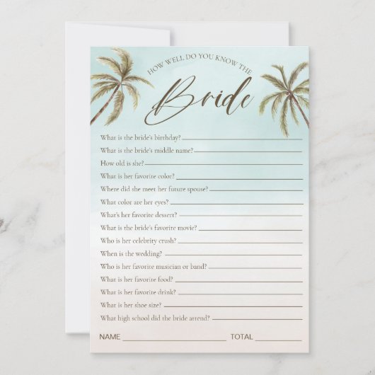 トロピカルウォーターカラーパームツリーブライダルシャワーゲーム 招待状 (正面)