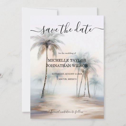 トロピカルウォーターカラーパームビーチ目的地の結婚式 招待状 (正面)