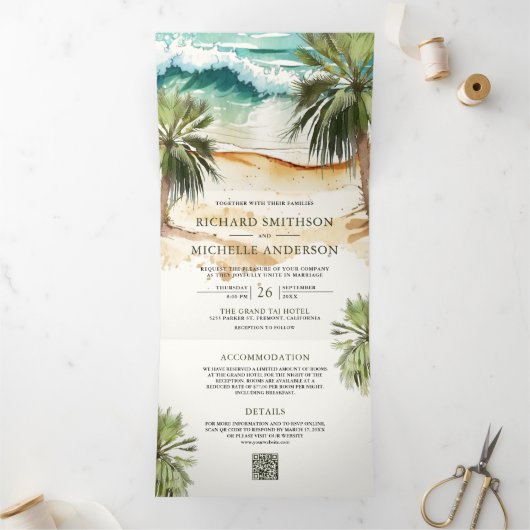 トロピカルウォーターカラーパームビーチQRコード結婚ズ 三つ折り招待状 (内部)
