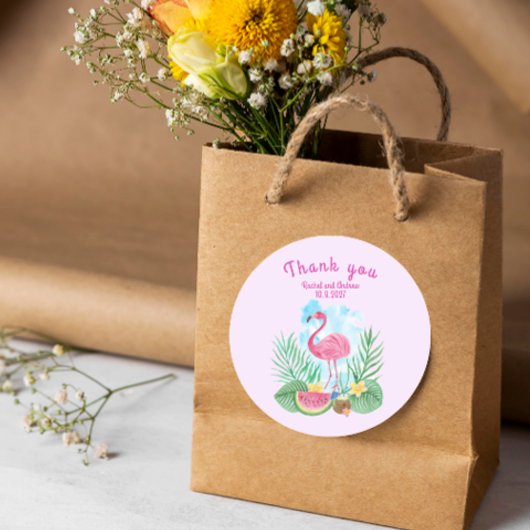 トロピカルウォーターカラーフラミンゴ結婚のステッカー ラウンドシール