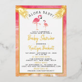 トロピカルウォーターカラーフラミンゴ赤ちゃん実在シャワー 箔招待状 (正面)