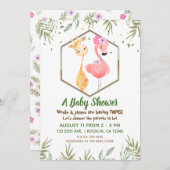 トロピカルウォーターカラーフラミンゴ&キリン赤ちゃんシャワー 招待状 (正面/裏面)