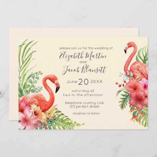 トロピカルウォーターカラーフラミンゴ&ハイビスカス結婚ズ 招待状 (正面/裏面)