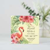 トロピカルウォーターカラーフラミンゴ&ハイビスカス誕生日 招待状 (スタンド正面)
