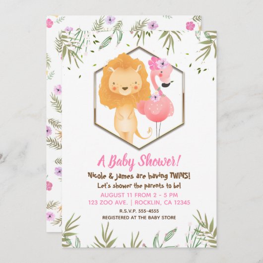 トロピカルウォーターカラーフラミンゴ&ライオンベビーシャワー 招待状 (正面/裏面)