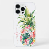 トロピカルウォーターカラーフローラルパイナップル+名前 iPhoneケース (裏面)