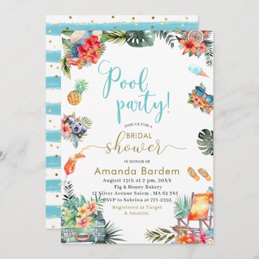トロピカルウォーターカラープールサイドサマーブライダルシャワー 招待状 (正面/裏面)