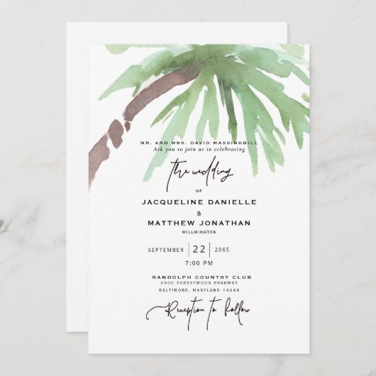 トロピカルウォーターカラーホワイト結婚式招待状 招待状 (正面/裏面)