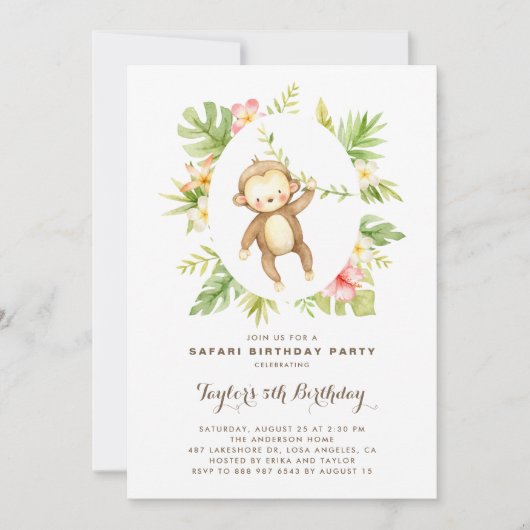 トロピカルウォーターカラーモンキーサファリ子供の誕生日 招待状 (正面)