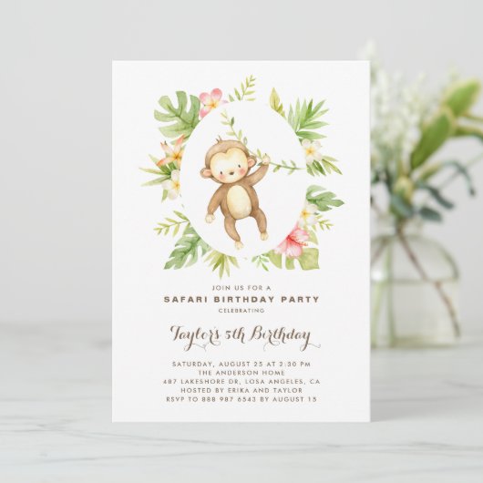 トロピカルウォーターカラーモンキーサファリ子供の誕生日 招待状 (スタンド正面)