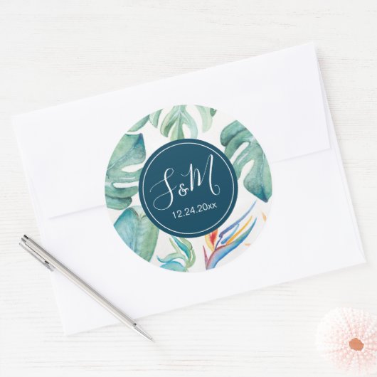 トロピカルウォーターカラー植物性メッセージカード ラウンドシール (封筒)