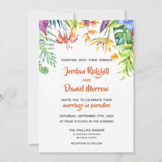 トロピカルウォーターカラー着地結婚式招待状 招待状 (正面)