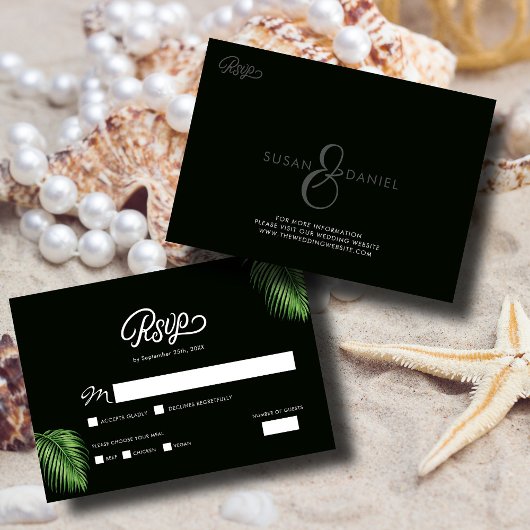 トロピカルウォーターカラー葉パームウェディングRSVPカード 出欠カード