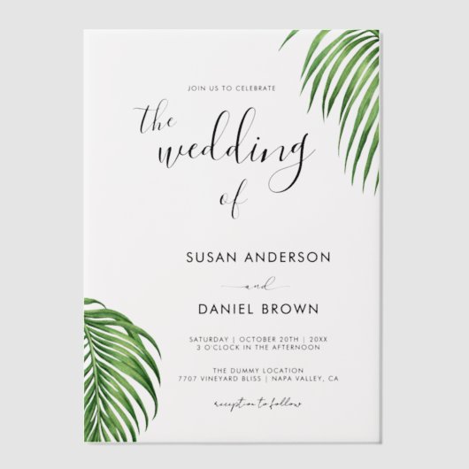 トロピカルウォーターカラー離れパームエレガントな結婚式 ベラム紙招待状 (正面)