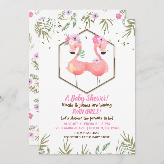 トロピカルウォーターカラー2ピンクフラミンゴスベビーシャワー 招待状 (正面/裏面)