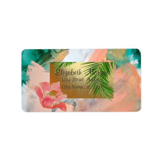 トロピカルウォーター色，パーム葉，エキゾチックなヒビスクス ラベル (正面)