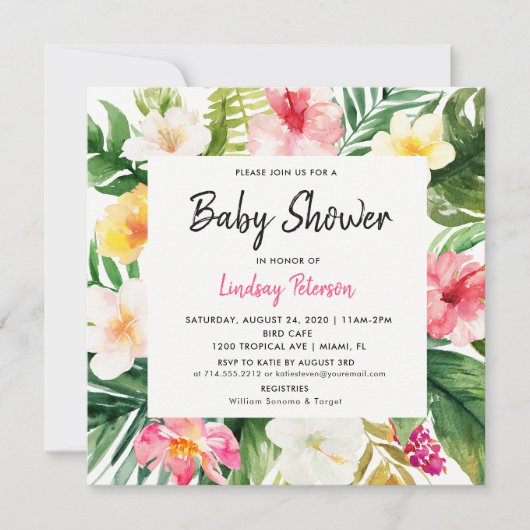 トロピカルウォーター葉カラースクエアベイビーシャワー 招待状 (正面)
