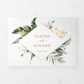 トロピカルウォーター葉カラー金ゴールドの結婚全てを1つに 三つ折り招待状 (カバー)