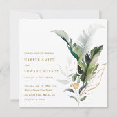 トロピカルウォーター葉カラー金ゴールド結婚ズスクエア 招待状 (正面)