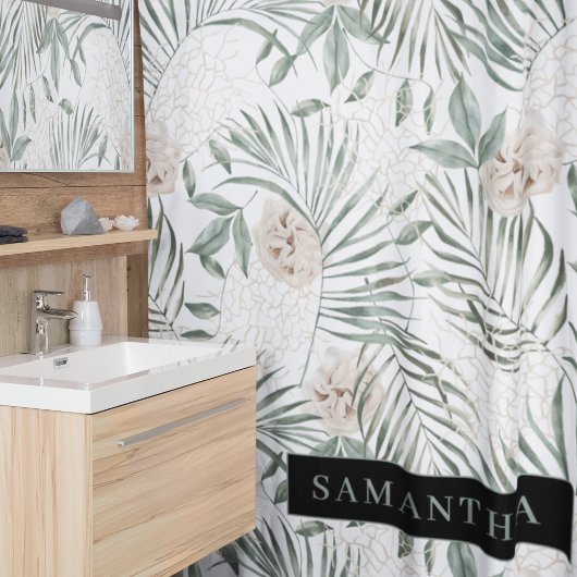 トロピカルウォーター葉カラー&フラワーパターン シャワーカーテン