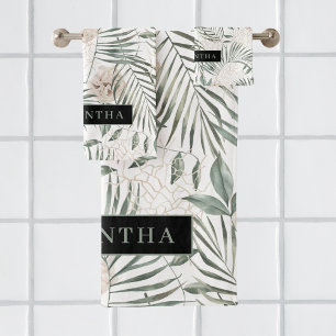 トロピカルウォーター葉カラー&フラワーパターン バスタオルセット