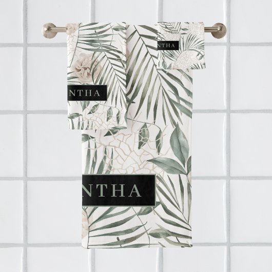 トロピカルウォーター葉カラー&フラワーパターン バスタオルセット