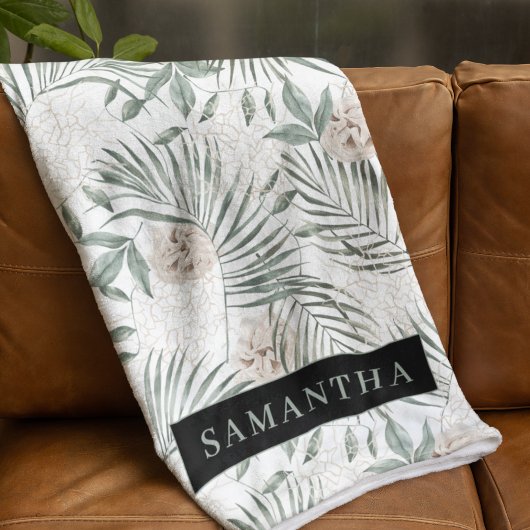 トロピカルウォーター葉カラー&フラワーパターン フリースブランケット