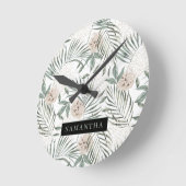 トロピカルウォーター葉カラー&フラワーパターン ラウンド壁時計 (傾斜)