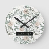 トロピカルウォーター葉カラー&フラワーパターン ラウンド壁時計 (正面)