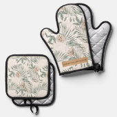 トロピカルウォーター葉カラー&フラワーパターン 鍋つかみ&鍋敷きセット (正面/裏面)