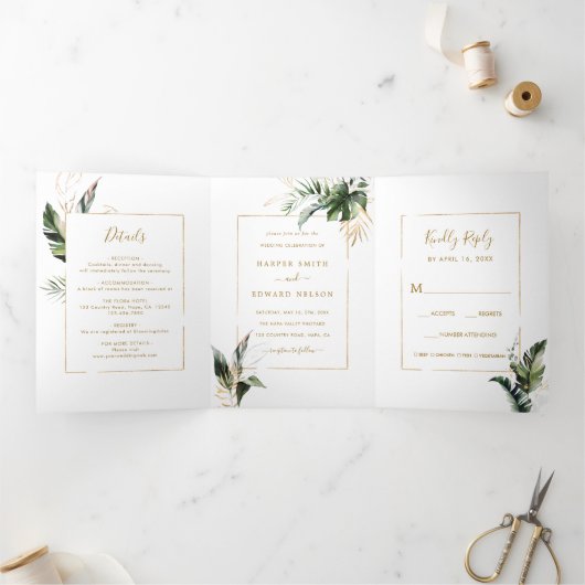 トロピカルウォータ葉ーの色金ゴールドフレ結婚ーム 三つ折り招待状 (内部)