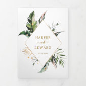 トロピカルウォータ葉ーの色金ゴールドフレ結婚ーム 三つ折り招待状 (カバー)