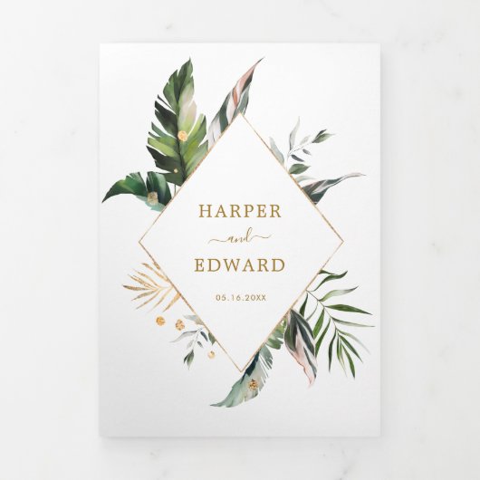 トロピカルウォータ葉ーの色金ゴールドフレ結婚ーム 三つ折り招待状 (カバー)