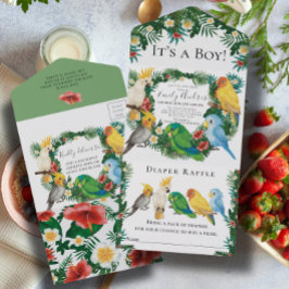 トロピカルエキゾチックの素敵なパロッツ赤ちゃんシャワー オールインワン招待状