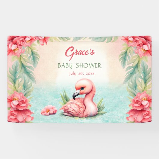 トロピカルエキゾチックピンクフラミンゴルアウ（ハワイ式宴会）バナー 横断幕 (横)
