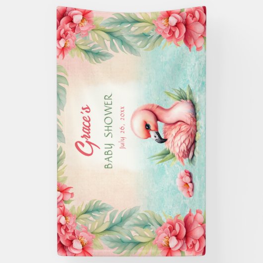 トロピカルエキゾチックピンクフラミンゴルアウ（ハワイ式宴会）バナー 横断幕 (縦)
