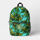 トロピカルエキゾチック緑の黄色葉いターコイズ プリントバックパック (正面)